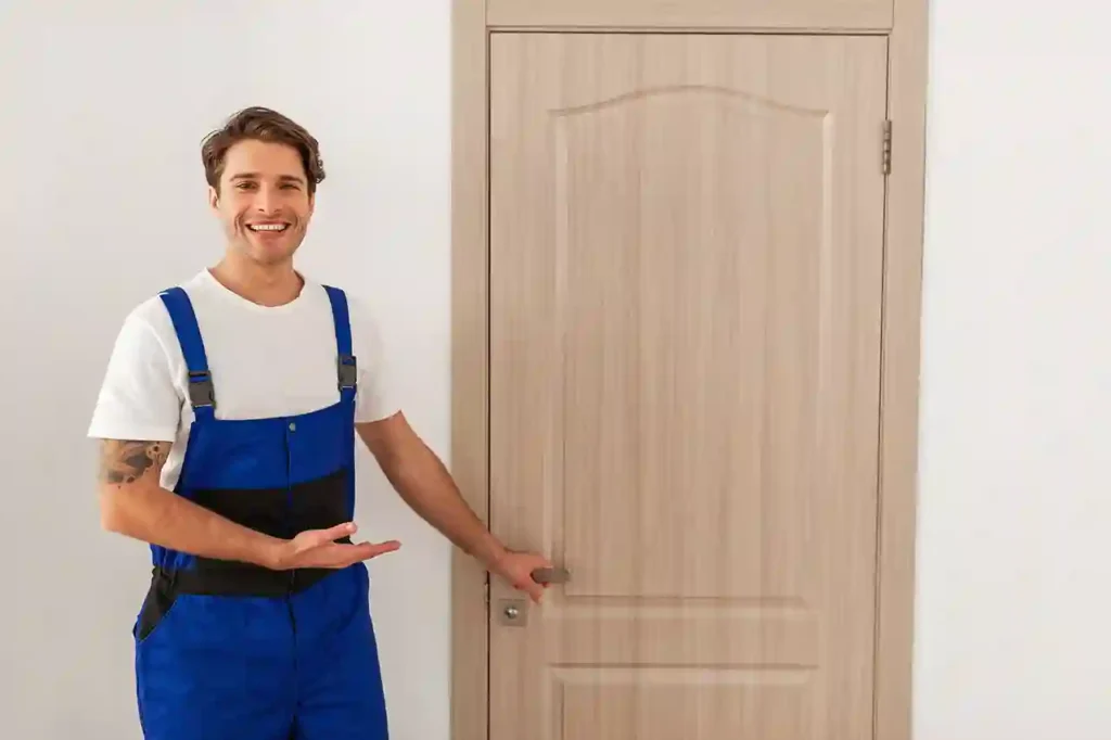 A smiling worker in blue overalls gesturing towards a closed wooden door.
